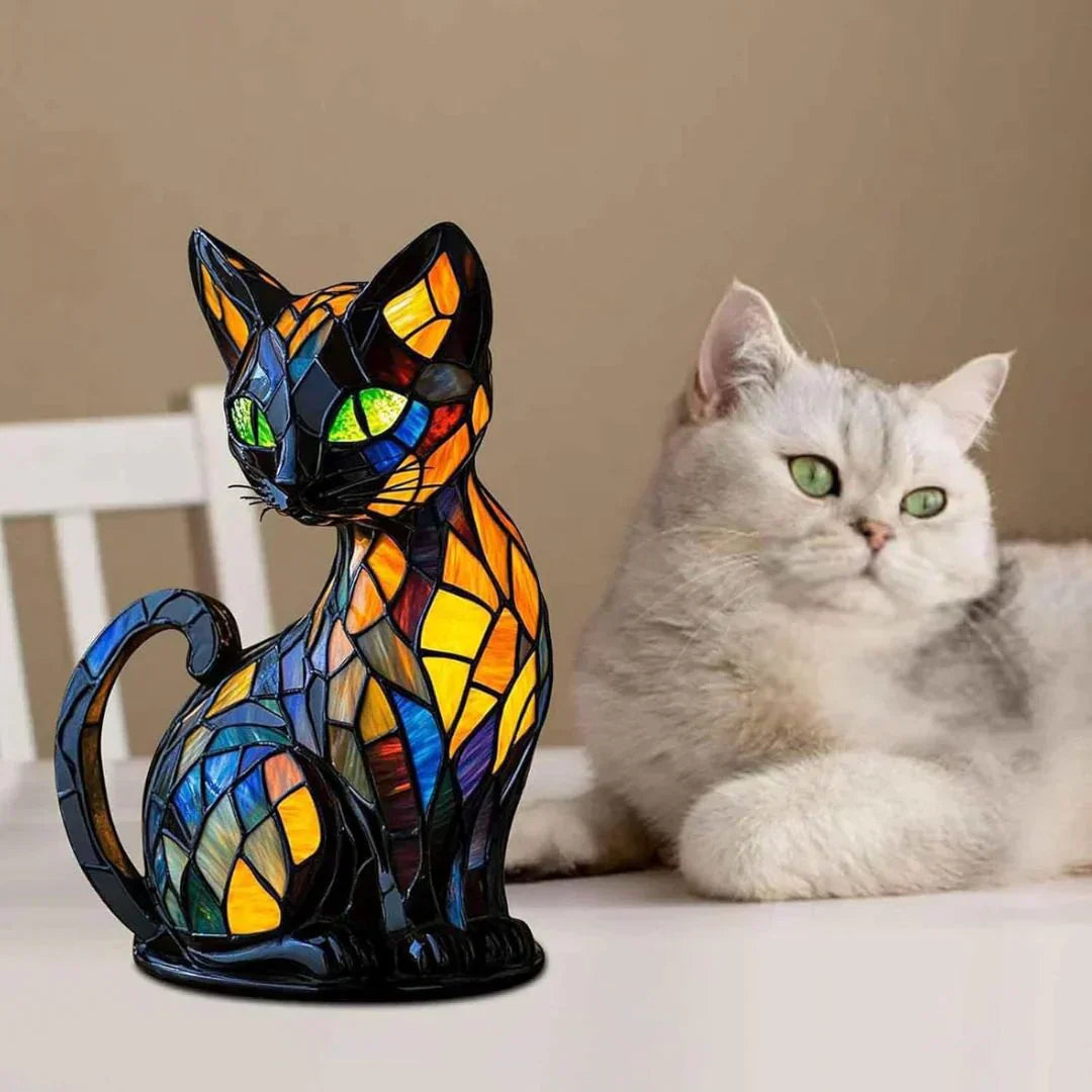 Chat Gracieux – Lampe en Vitrail