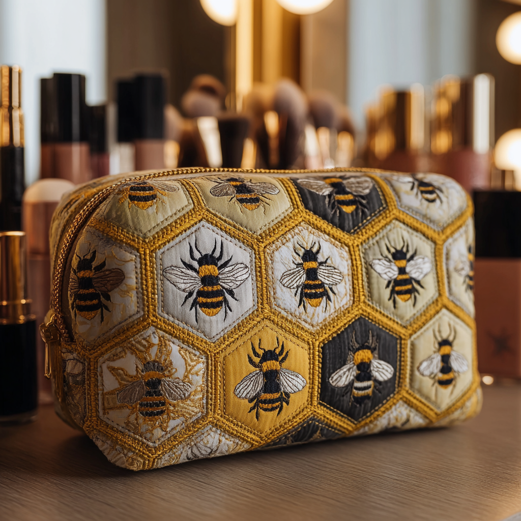 Trousse de maquillage matelassée abeilles au jardin – vue 1 – Maria Milano
