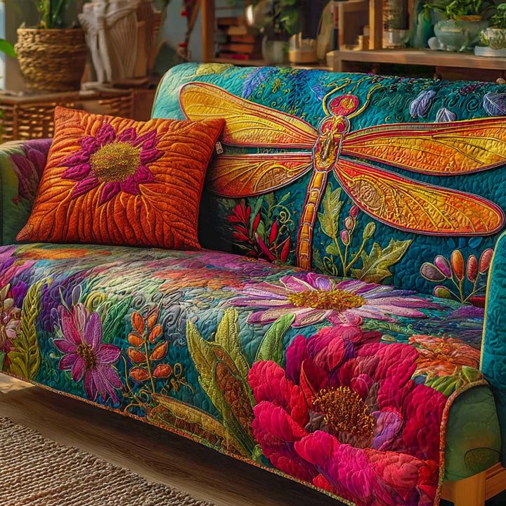 Housse de canapé matelassée – Libellules et fleurs – image 1