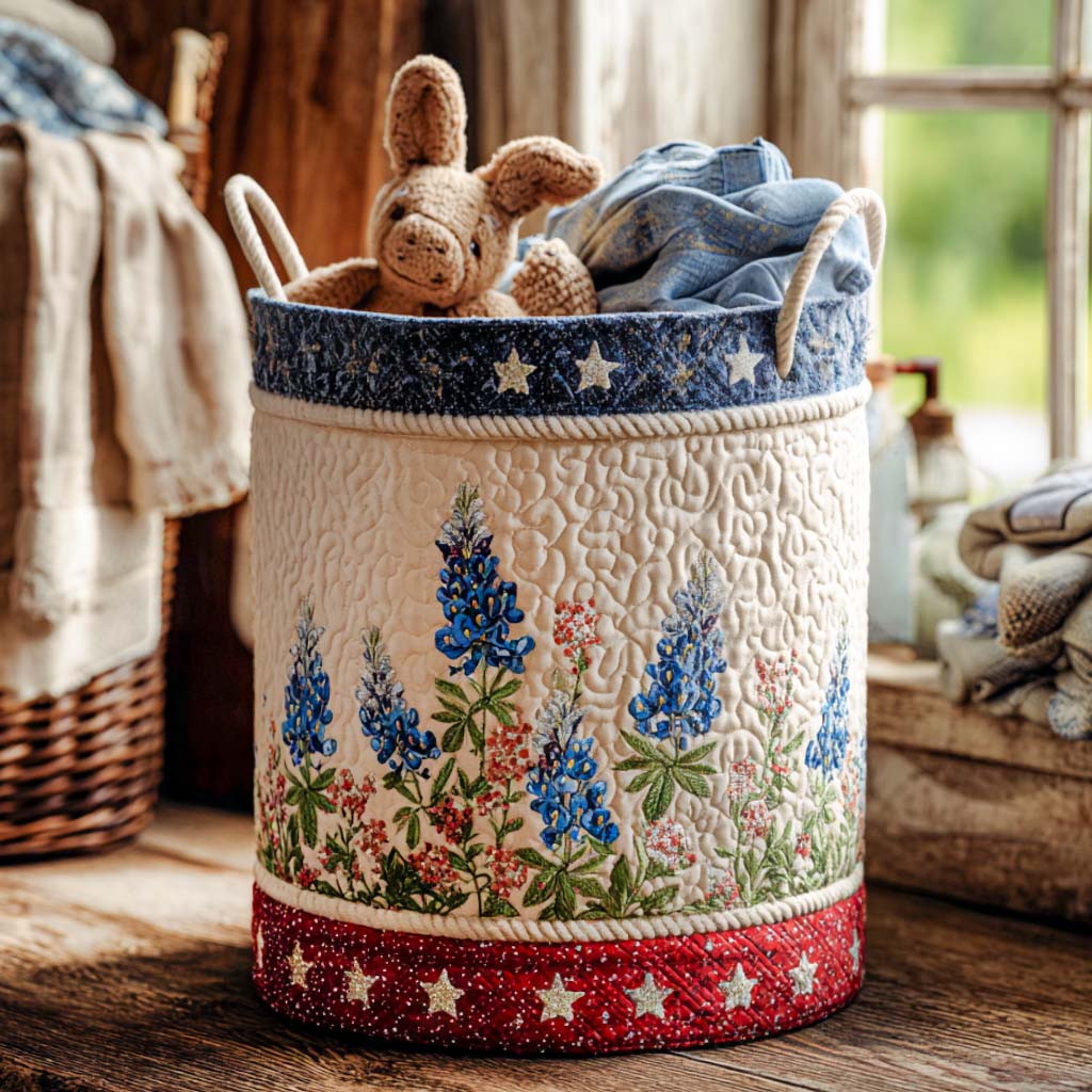 Panier à linge matelassé – Fleurs bleues