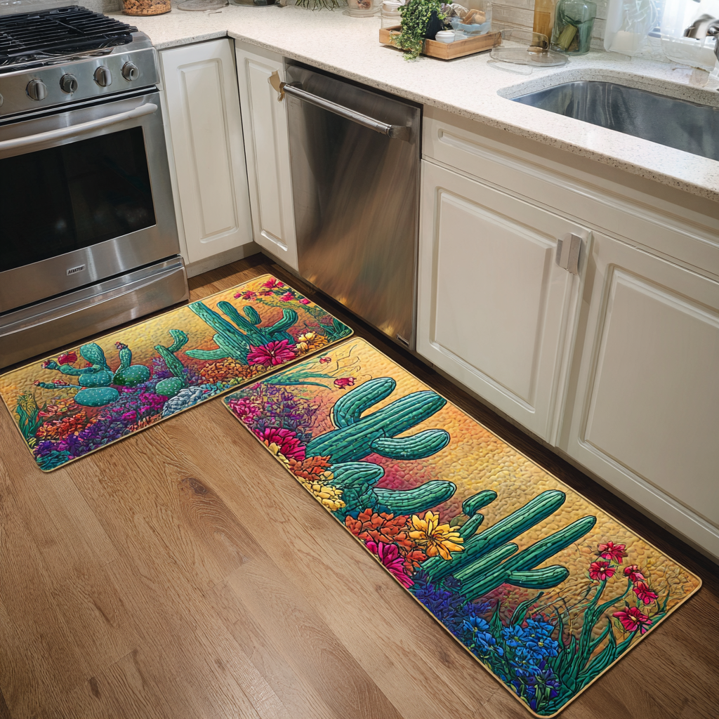 Tapis de cuisine antidérapant – Cactus au coucher du soleil