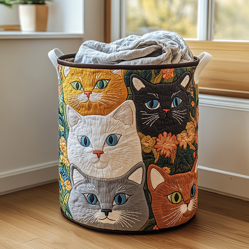 Panier à linge matelassé – Chats et fleurs – vue 1