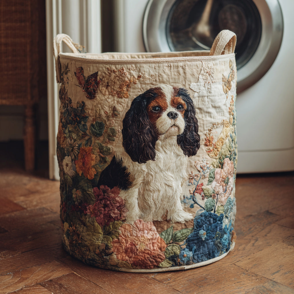Panier à linge matelassé – Cavalier King Charles et fleurs – vue 1
