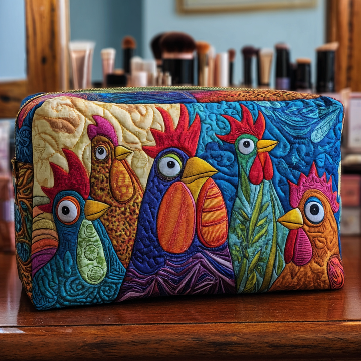 Trousse de maquillage matelassée poule et fleurs – vue 1 – Maria Milano