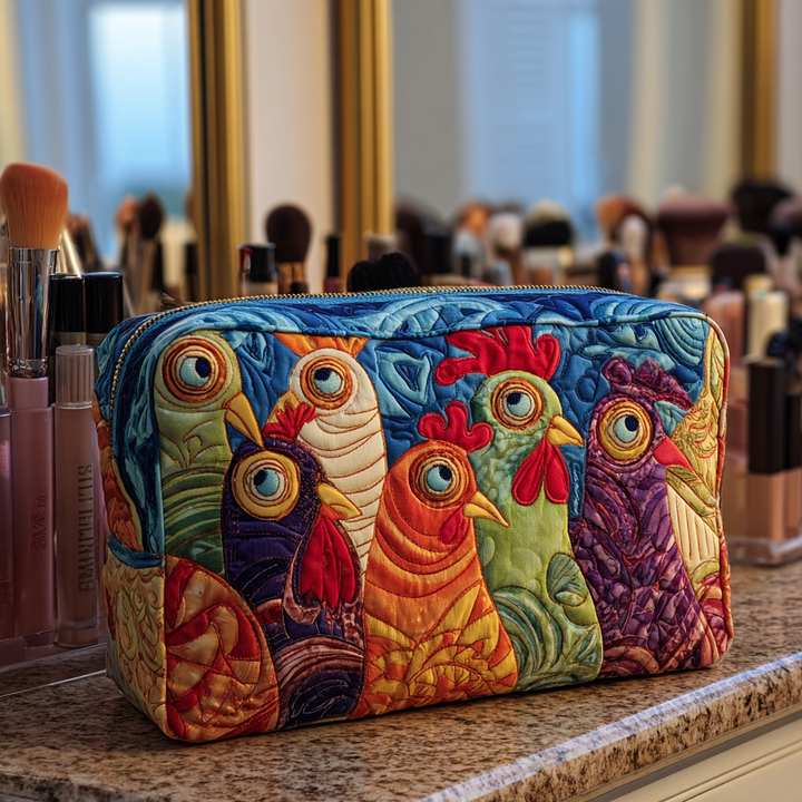 Trousse de maquillage matelassée poules au jardin – vue 1 – Maria Milano