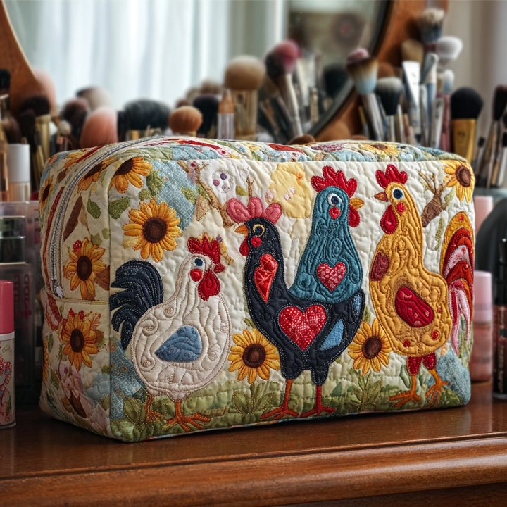 Trousse de maquillage matelassée poules parmi les arbres – vue 1 – Maria Milano