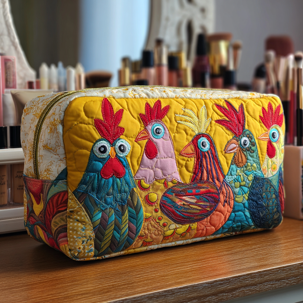 Trousse de maquillage matelassée poules dans la prairie – vue 1 – Maria Milano