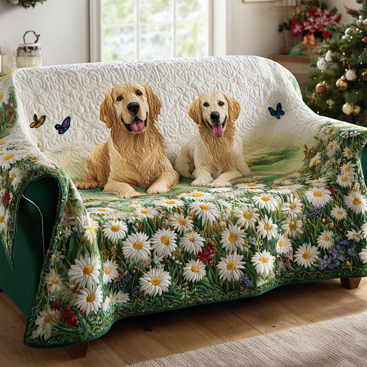 Housse de canapé matelassée – Golden Retriever et marguerites – image 1