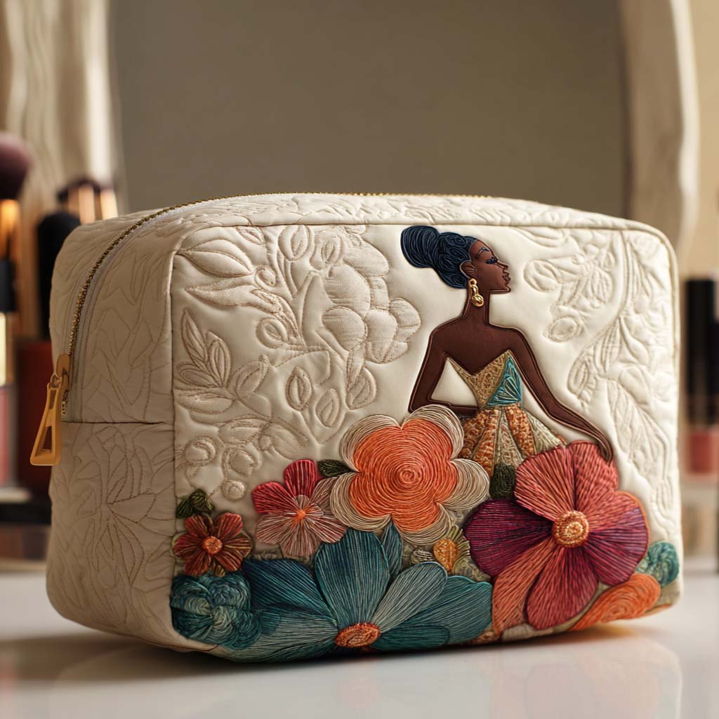 Trousse de maquillage matelassée fleurs élégantes – vue 1 – Maria Milano