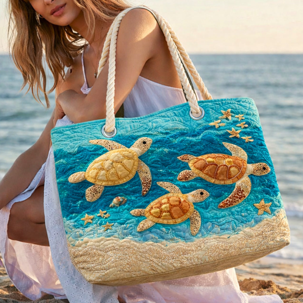 Sac de plage fait main | Côte de la tortue dorée – sac de plage matelassé motif tortue