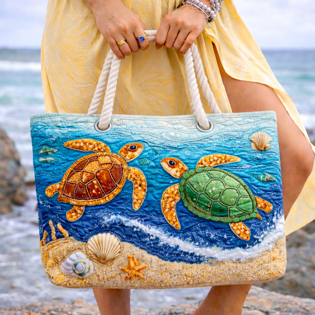 Sac de plage fait main | Tortue tropicale – sac de plage matelassé motif tortue