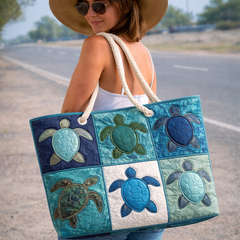 Sac de plage fait main | Tortue bleue – sac de plage matelassé motif tortue