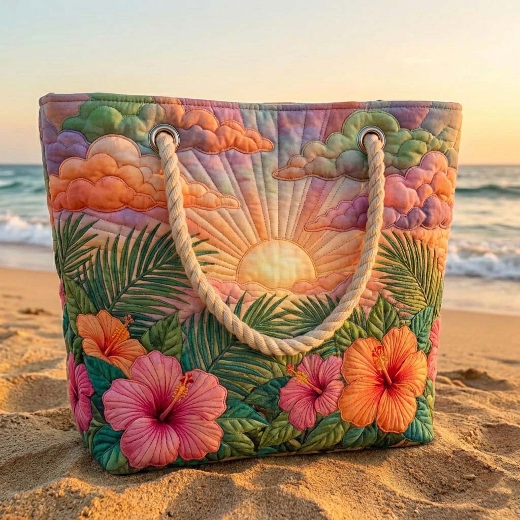 Sac de plage fait main | Aube tropicale – sac de plage matelassé motif plage, vue 2
