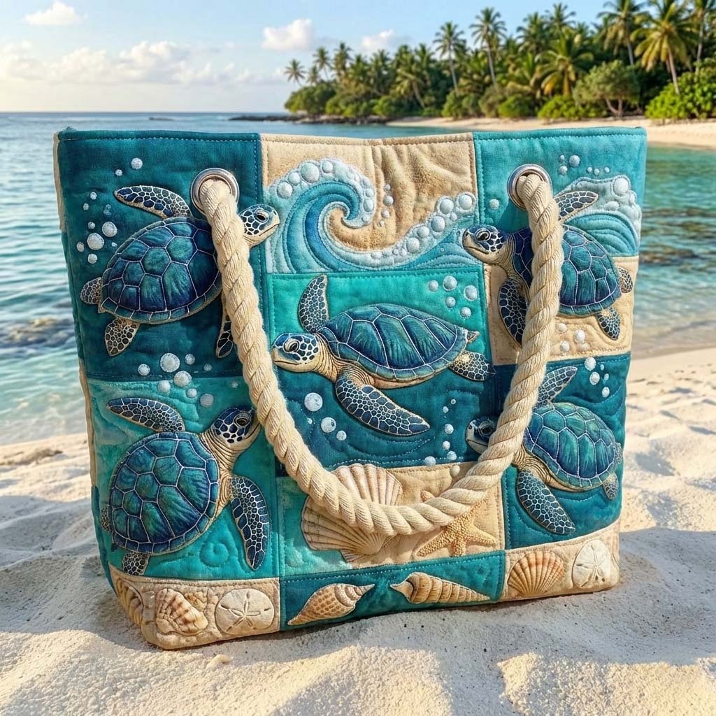 Sac de plage fait main | Baie des tortues – sac de plage matelassé motif tortue, vue 2