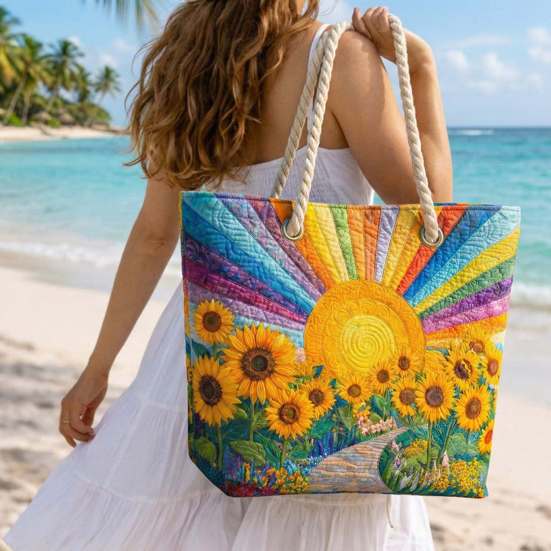 Sac de plage fait main | Soleil arc-en-ciel – sac de plage matelassé motif plage