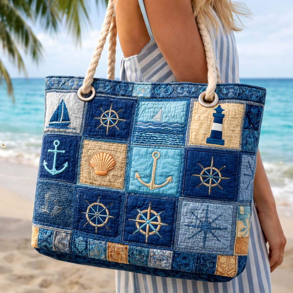 Sac de plage fait main | Bleu nautique – sac de plage matelassé motif plage