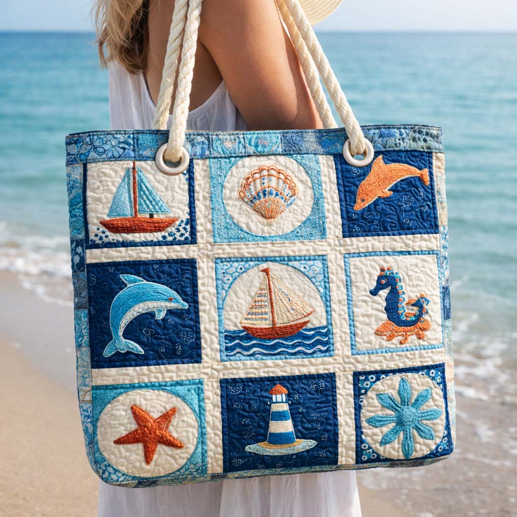 Sac de plage fait main | Créatures marines – sac de plage matelassé motif plage