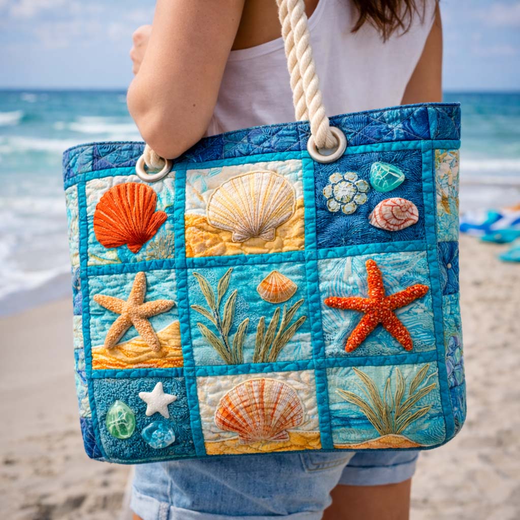 Sac de plage fait main | Coquillages côtiers – sac de plage matelassé motif coq