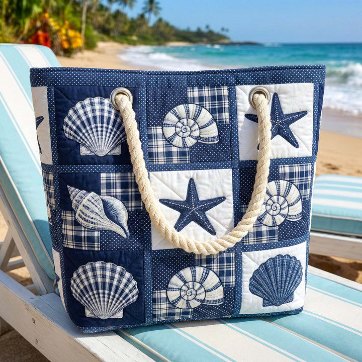 Sac de plage fait main | Sérénité des coquillages – sac de plage matelassé motif coq, vue 2