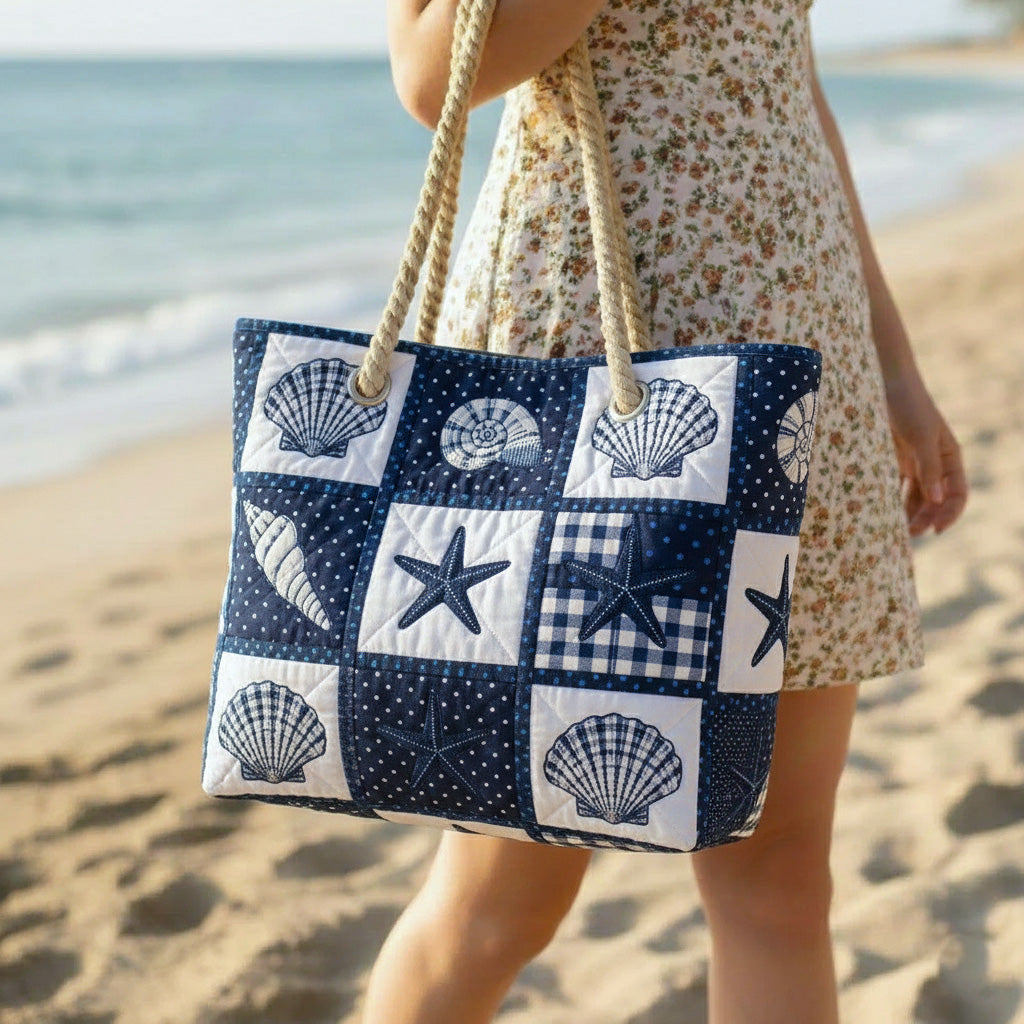 Sac de plage fait main | Sérénité des coquillages – sac de plage matelassé motif coq