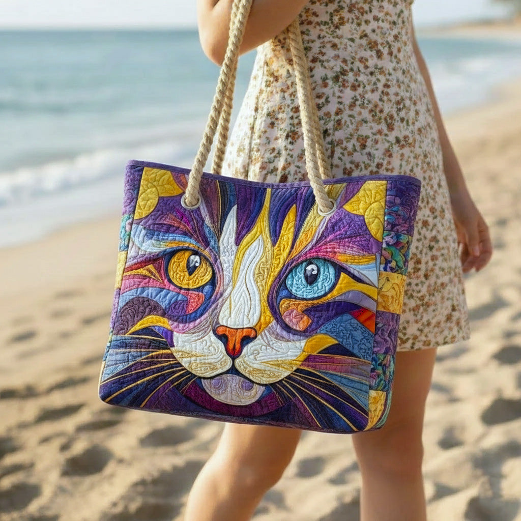 Sac de plage fait main | Catitude – sac de plage matelassé motif chat