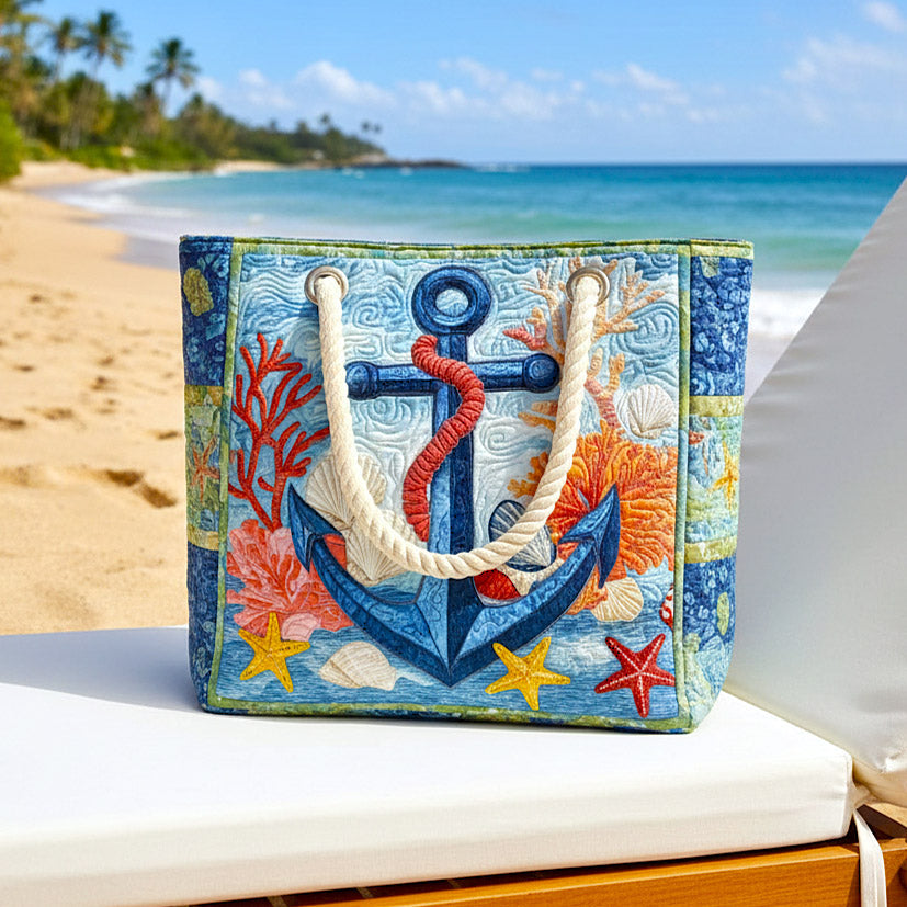 Sac de plage fait main | Ancre nautique – sac de plage matelassé motif plage, vue 2