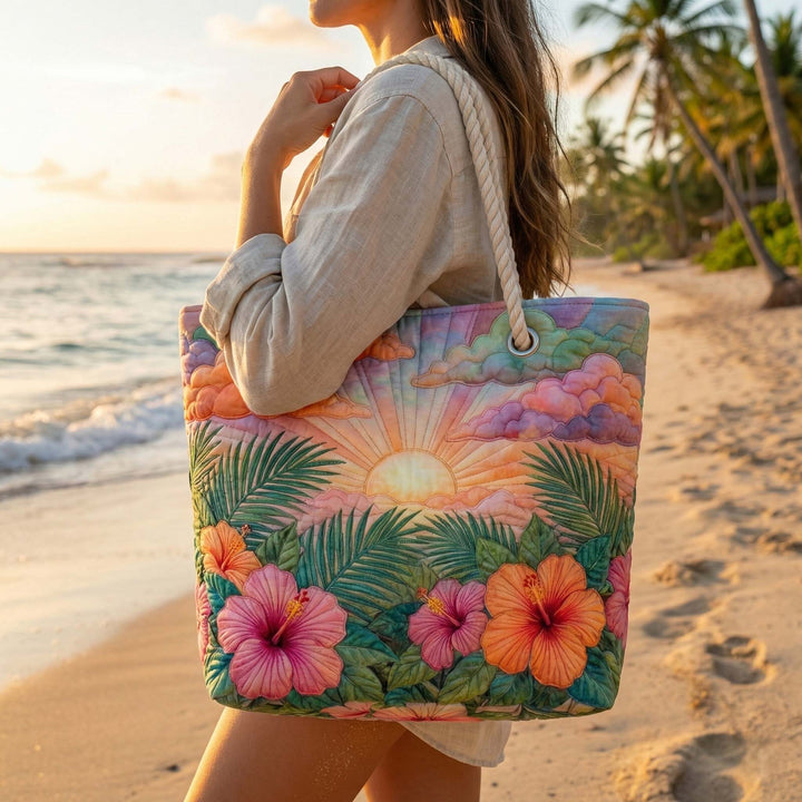 Sac de plage fait main | Aube tropicale – sac de plage matelassé motif plage
