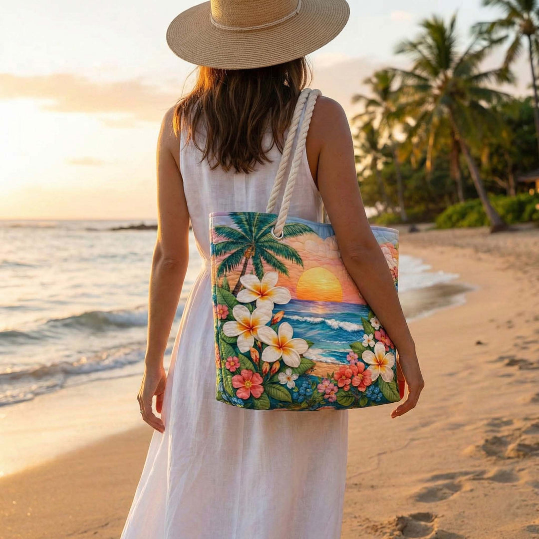 Sac de plage fait main | Brise tropicale – sac de plage matelassé motif plage