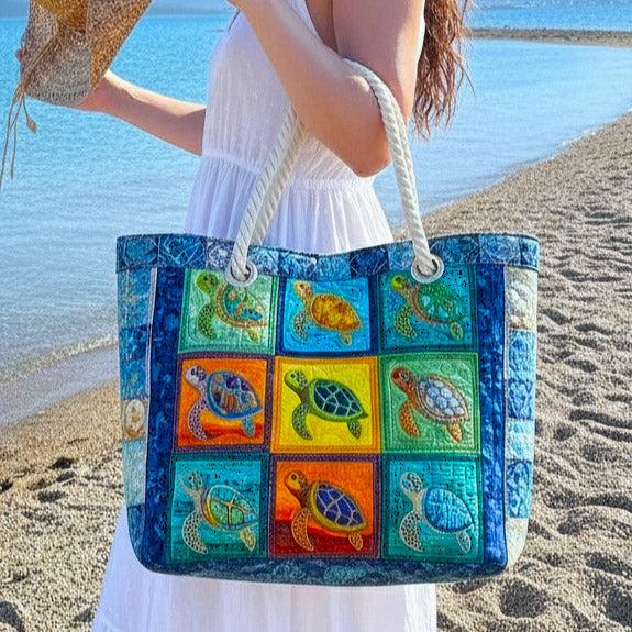 Sac de plage fait main | Tortue tranquille – sac de plage matelassé motif tortue
