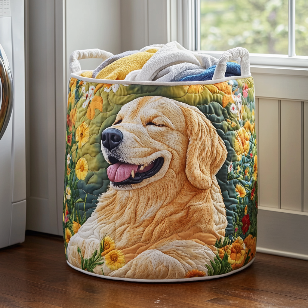 Panier à linge matelassé – Golden Retriever et fleurs – vue 1