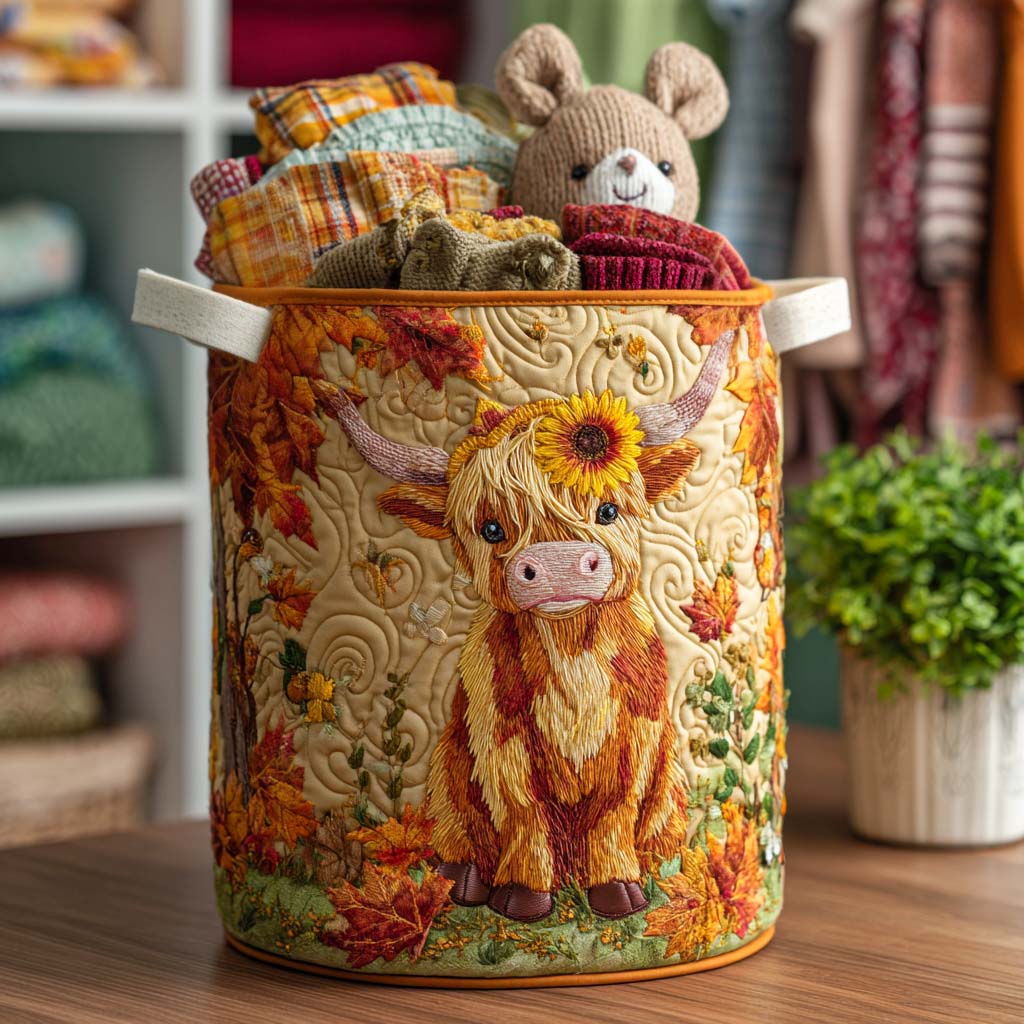 Panier à linge matelassé – Vache Highland et fleurs – vue 1