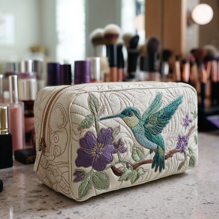Trousse de maquillage matelassée colibri et fleurs – vue 1 – Maria Milano