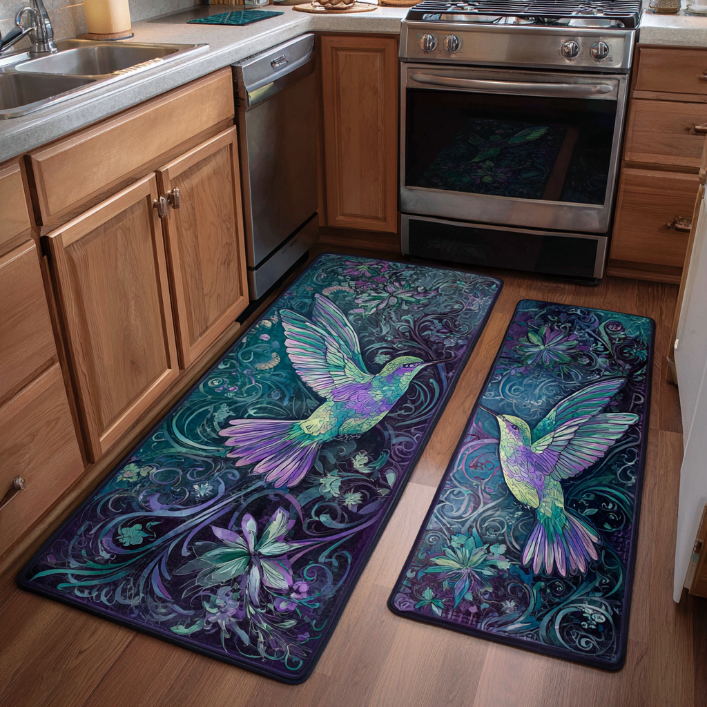 Tapis de cuisine antidérapant – Colibri et fleurs du jardin