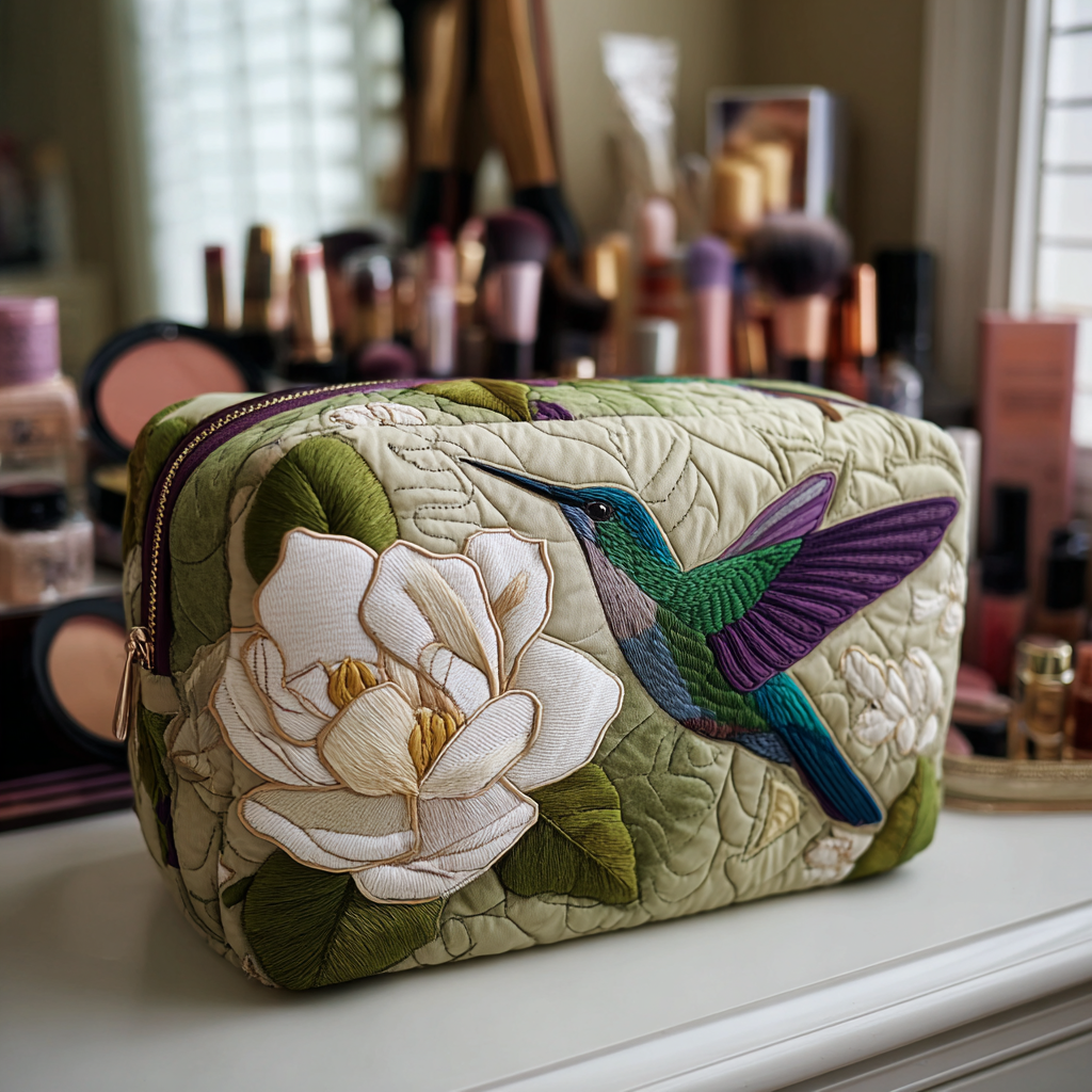 Trousse de maquillage matelassée colibri dans la prairie – vue 1 – Maria Milano