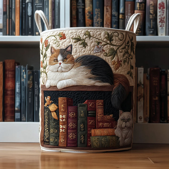 Panier à linge matelassé – Chat et livres – vue 1