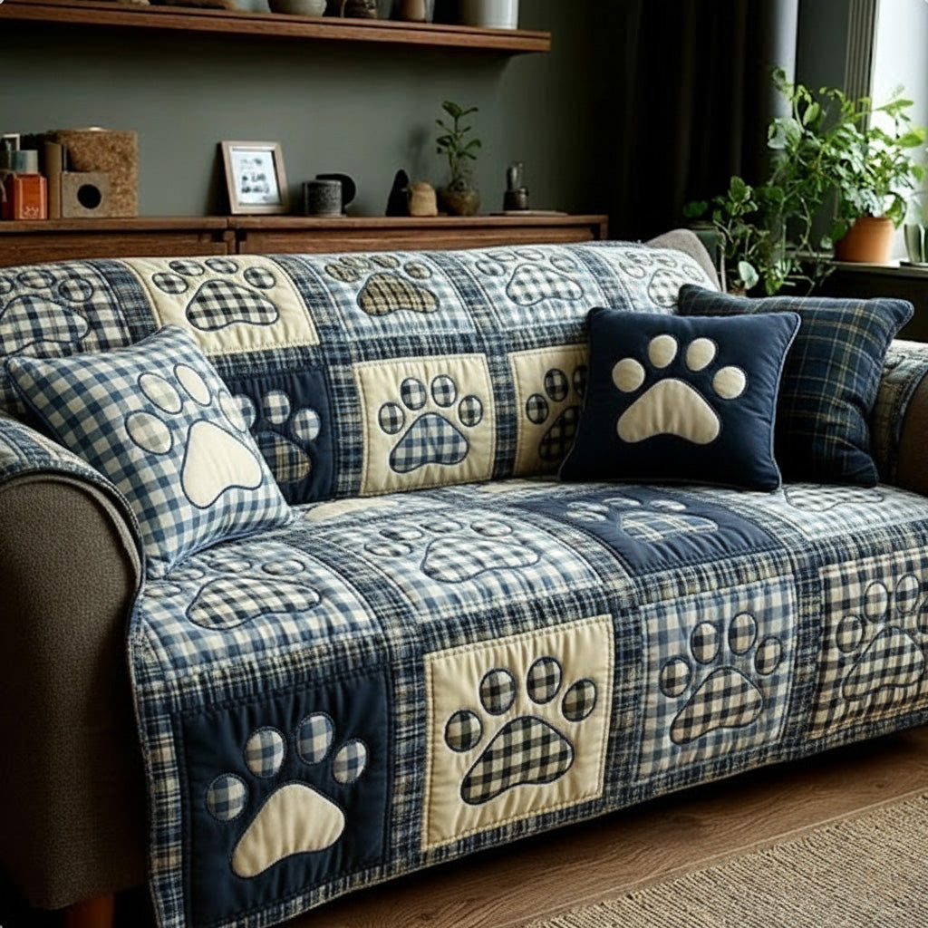 Housse de canapé matelassée – Carreaux bleus avec patte et cœur – image 1