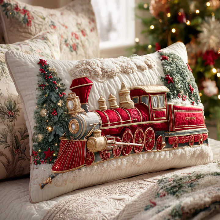 Housse de Coussin Matelassée - Locomotive à Vapeur Festive