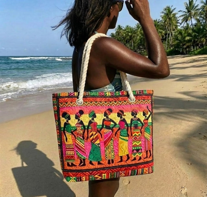 Sac de plage fait main | Reines de mélanine – sac de plage matelassé motif plage