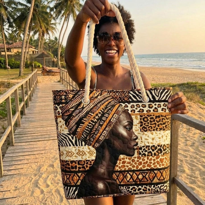 Sac de plage fait main | Reine de mélanine – sac de plage matelassé motif plage